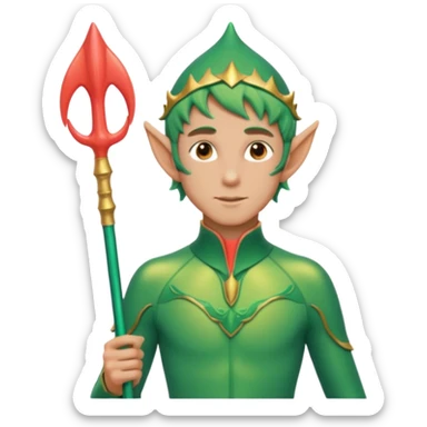 male elf in iridescent wetsuit, coral staff. Gills on neck legolas sticker