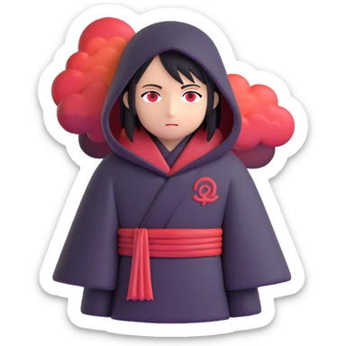 Itachi Uchiha themed emoji with Akatsuki cloak and subtle red cloud motif, modern emoji style sticker