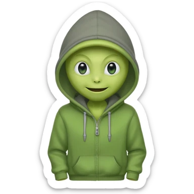 green alien in gray hoodie full height, wear hoodie hat, happy sticker