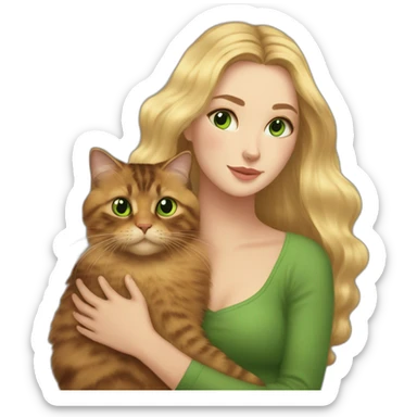 woman with green eyes and long blonde hair is holding a very fluffy and fat tortoiseshell cat sticker