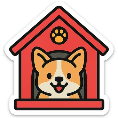 red dog house with a playful and cute Corgi dog inside, clear view of the Corgi, icon style sticker