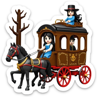  Rustic all black Lego antique wood Barbie Gypsy 1854 pretty dark-haired Catgirl driving a huge horse-drawn fancy French stagecoach Caravan on a bumpy scary ghost trail in the woods  sticker