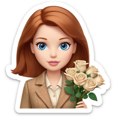 A Barbie girl with blue eyes, shoulder-length reddish-brown hair, made-up, wearing a beige tweed jacket and a beige skirt, with a bouquet of white roses sticker