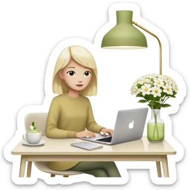 realistic macbook computer, fashion/interior magazines, flowers in a little vase, louis poulsen portable lamp with a dimmed cozy light and a iced matcha. very scandinavian aesthetic sticker