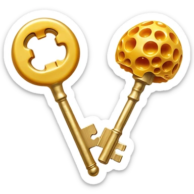 K2-rich foods (cheese, egg yolk, natto) transforming into golden keys that unlock bone structures, guiding glowing calcium particles to strengthen the skeleton. The keys simultaneously block calcium from entering arteries, showing how vitamin K2 acts as a wise guardian of calcium distribution. sticker