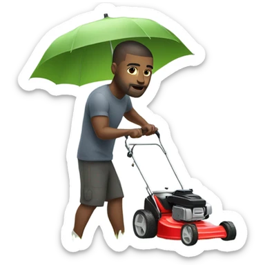 A muscular white man with tattoos cutting grass with a lawn mower with umbrella sticker
