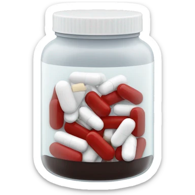 dark tinted supplement jar with pills that are half white and half red inside sticker