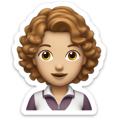 female with brown wavy hair dressed in golfwear with golf gear sticker