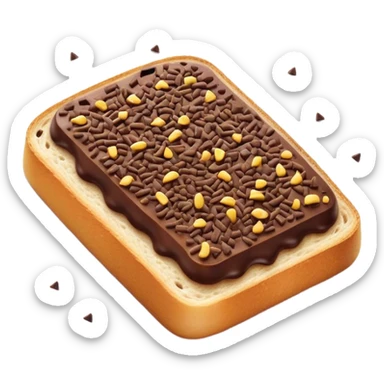 Hagelslag Cinematic Realistic Hagelslag Treat Emoji, depicted as crunchy chocolate sprinkles scattered on a slice of buttered bread, rendered with vivid textures and playful, inviting lighting. sticker