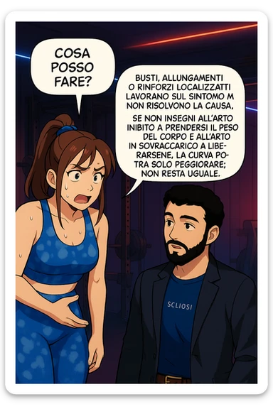 ispirati a questo stile di disegno e fai questa immagine in versione manga/webtoon a colori, il manga mostra la donna preoccupata che chiede: "COSA POSSO FARE?" E L'UOMO CHE RISPONDE: Busti, allungamenti o rinforzi localizzati lavorano sul sintomo ma non risolvono la causa. Se non insegni all’arto inibito a prendersi il peso del corpo e all’arto in sovraccarico a liberarsene, la curva potrà solo peggiorare; non resta uguale. Commenta con scoliosi e ti mando un esempio del lavoro da fare per recuperare simmetria ed eliminare il dolore. sticker