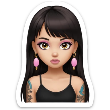 generate a pretty bratz girl in black cami top, dark brown straight long hair with bangs, eyeliner on, with tattoos sticker