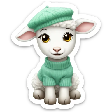 cute little female lamb wearing a water green sweater and a white beret sticker