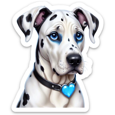 Cinematic Cute Harlequin Great Dane Portrait Emoji, Head tilted playfully and inquisitively, featuring a glossy coat of predominantly white with dynamic black patches, round, sparkling blue eyes filled with gentle curiosity, Simplified yet irresistibly adorable features, highly detailed, glowing with a warm, friendly glow, high shine, affectionate and gentle, stylized with a touch of whimsy, bright and endearing, soft glowing outline, capturing the essence of a mischievous yet loving pup, so playful it feels like it could lumber out of the screen and into your arms! sticker