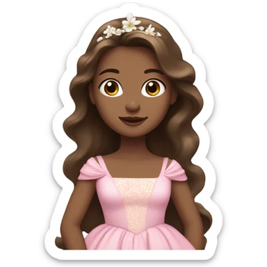 Princess with slightly wavy, brown shoulder length hair, white skin, and a long flowy pink dress and a flower in her hair sticker