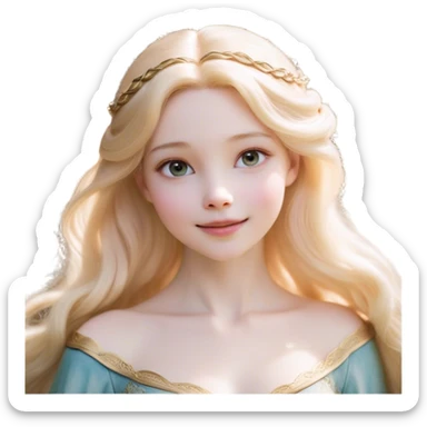 Cinematic Realistic Sleeping Beauty (Aurora) Portrait, with porcelain-like skin featuring a natural rosy flush, illuminated by soft lighting that highlights the gentle contours of her face. Her golden blonde hair flows in soft, detailed waves with subtle highlights that shimmer in the light. Her deep violet-blue eyes radiate warmth and innocence, framed by arched brows and long lashes. With a soft, serene smile, she holds a delicate rose gently in one hand, her other hand resting lightly by her side. She is dressed in her classic pink gown, the fabric rich in texture with delicate folds that catch the light. A golden crown rests atop her head, gleaming with royal refinement. The portrait captures a soft, glowing aura, blending realism with an ethereal sense of beauty and timeless enchantment. sticker