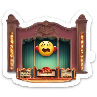 Movie theater with lights shining upward from left and right and a big sign displaying the movies playing sticker