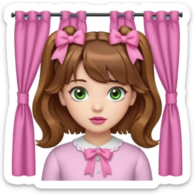 Una chica de cabello marrón con ojos de un verde acaramelado labios rosados cabello suelto con ondas un fleco corto en medio y otros dos a los lados en modo fleco cortina dos mini coletitas a los lados con lazitos  sticker