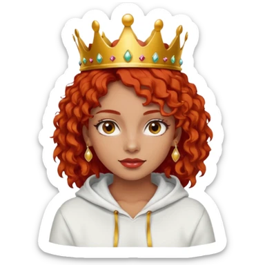 
Slim girl with a fine face, dark and tanned skin, medium-length curly tomato-red hair, dark eyes, medium-thick eyelashes, and a crown and earrings, wearing a white hooded sweatshirt. sticker