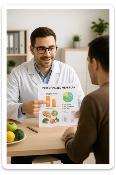 a nutritionist sits at a desk with a client, showing a personalized meal plan and a chart that clearly displays the client’s specific daily caloric deficit. The nutritionist points to the chart, which includes recommended calories, macronutrient breakdown, and healthy food options. The mood is professional, supportive, and educational. in italiano sticker