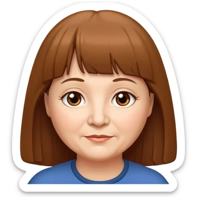 60 yr old woman, very small brown eyes, long straight brown hair, bangs, chubby sticker