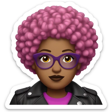 Plus size black woman with very short pink curly afro and a purple leather biker jacket with makeup on face. sticker