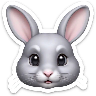 Cinematic Cute Grey Rabbit Portrait Emoji, Head tilted playfully and inquisitively, featuring a silky, smooth grey fur with soft, velvety textures, round, sparkling grey eyes filled with curiosity, Simplified yet irresistibly adorable features, highly detailed, glowing with a warm, friendly glow, high shine, affectionate and gentle, stylized with a touch of whimsy, bright and endearing, soft glowing outline, capturing the essence of a mischievous yet loving bunny, so playful it feels like it could hop out of the screen and into your arms! sticker