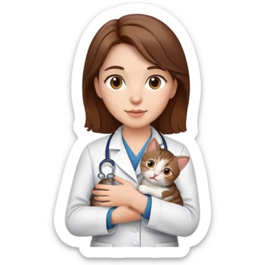 female veterinarian with brown hair and brown eyes holding a kitten sticker