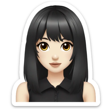 hime gyaru girl, pale skin with brown eyes and black hair with bangs, dark makeup, black shirt sticker