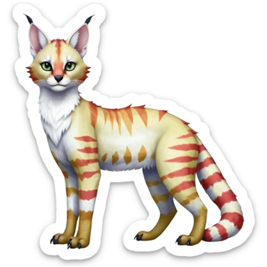 Colorful tropical tribal pale light fruity pastel white glorious iridescent divine exotic cute albino neon vibrant zigzagged cool beautiful fantasy-caracal-civet-genet-sergal-vernid-Gryphon-Cacomistle-Trico-oncilla-animal-Fakémon-hybrid-fursona (full body), facial markings,  sticker
