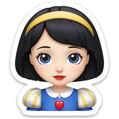 A cute chibi-style emoji of Snow White, with a slightly darker skin tone, short black bob haircut, no apple in her hand, wearing her iconic blue and yellow dress with puffed sleeves and red accents. Inspired by the 2025 Disney Snow White live-action look. Big round eyes, small smile, kawaii facial expression. Simplified details for emoji use, smooth vector lines, soft shading, white background, head slightly larger for cuteness. sticker