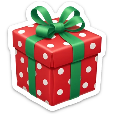 A red gift tied with a green ribbon in a white polka dot, sticker