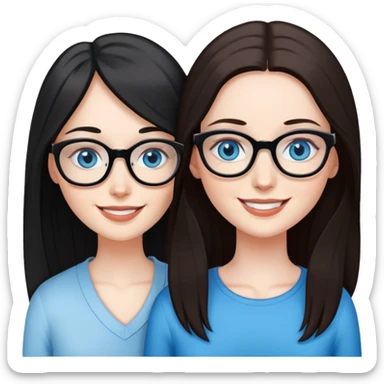 White skin long black haired woman with blue eyes and a white skin long brown haired woman with blue eyes and glasses in love sticker