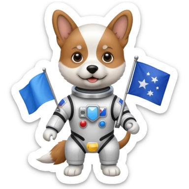 a dog in space suit, holding blue rectangle flag sticker