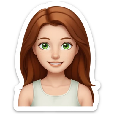 emoji of a confident woman named Freya McOmish, smiling, green eyes, long hair with a center part, subtle freckles, modern casual style, broad shoulders, wearing a white sleeveless square neck top sticker