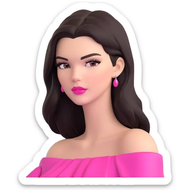 Kendall Jenner supermodel, longer face, long dark hair, bright pink glossy lipgloss, rosy pink blush, bare shoulders sticker