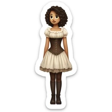 a light girl with dark brown hair standing with her back tied an old corset on a fluffy dress sticker