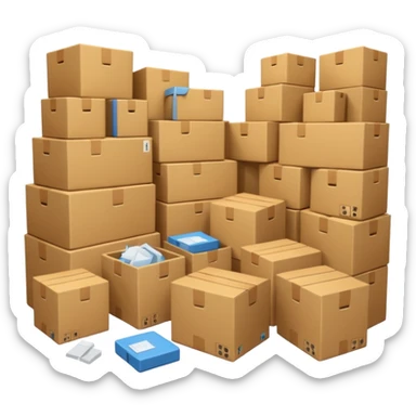 Generate a realistic emoji-style of a overfilled storage room where the packages dont have much space and everything seems chaotic sticker