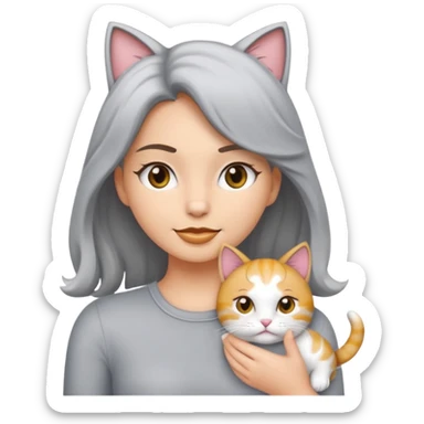 Haz una imagen estilo emoji de iPhone con una chica blanca de cabello ondulado claro tomando en brazos a su gato gris con blanco sticker