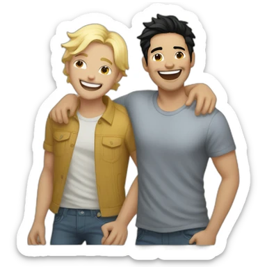 Gay male couple, 1 Latino black hair the other one Australian blonde hair with a cat in the middle laughing full body sticker