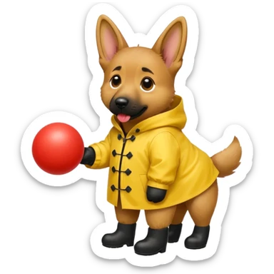 german shepherd wearing yellow raincoat that says “mochi” with black booties and a red ball in the mouth sticker
