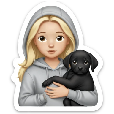 Blonde girl with smooth hair and a center part, light skin with freckles, wearing a hoodie and carrying a black baby labrador puppy in her arms sticker