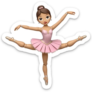 3D render of Ballerina Puppet as a wooden marionette puppet, Wood joints at knees, dancing pose, silver metal screw joints at elbows and knees, polished brown wood texture, rigid toy pose, Apple emoji style, isolated on white background --v 6.0. sticker