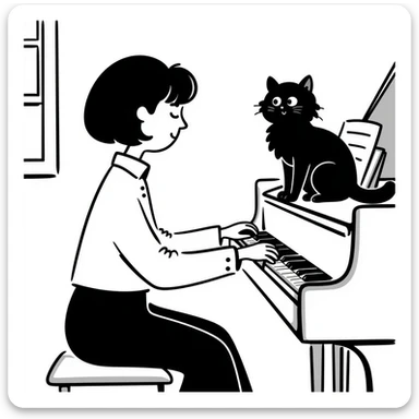 woman playing piano while her cat sits on top of the piano sticker