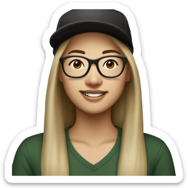 Hyper realistic, look from side, asian adult woman, light white skin, smiling with teeth, black eyes, spotted frame glasses, long light brown straight hair, black T-shirt, dark green cap. sticker