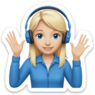 girl with blonde hair and blue eys, having on ears heaphones, with heands telling what  sticker