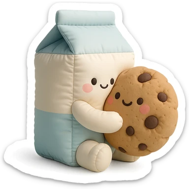 a cushion style milk carton hugging a cookie, both with cute faces, soft and puffy look, pastel palette sticker