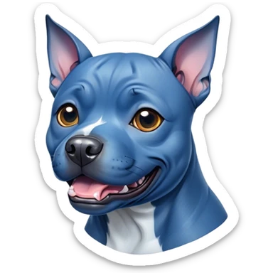Cinematic Comical Blue Staffordshire Bull Terrier Portrait Emoji, Head tilted dramatically with an exaggeratedly amused expression, featuring a striking blue Fur with a subtle shimmer, wide, expressive dark eyes filled with playful disbelief, Simplified yet hilariously expressive features, highly detailed, glowing with a slightly sassy glow, high shine, dramatic yet playful, stylized with an air of cheeky mischief, bright and endearing, soft glowing outline, capturing the essence of a spirited and over-the-top guardian, so meme-worthy it feels like it could side-eye its way into internet fame instantly! sticker