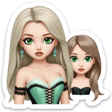 pretty bratz girl, long straight light ashy brown hair, jade green eyes, black eyeliner, pale skin, black corset clothes with laces sticker