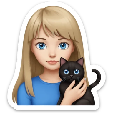 Apple-style emoji sticker of a young woman with long dark blond hair and bang, blue eyes , holding a cat black and white sticker