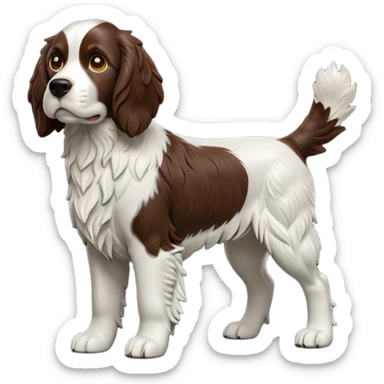 cinematic-[Springer Spaniel]-realistic-full-body-standing-emoji,-tail-resting-loosely-beside-its-paws,-head-tilted-dramatically, -scruffy-[brown and white]-fur,-simplified-yet-realistic-focused-features,-highly-detailed,-glowing-with-an-almost-sarcastic-glow sticker